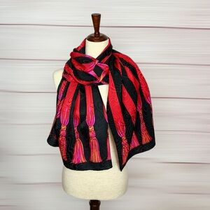Jeannene Booher Maggy London Silk Oblong Scarf Black Red Jacquard Tassels Print